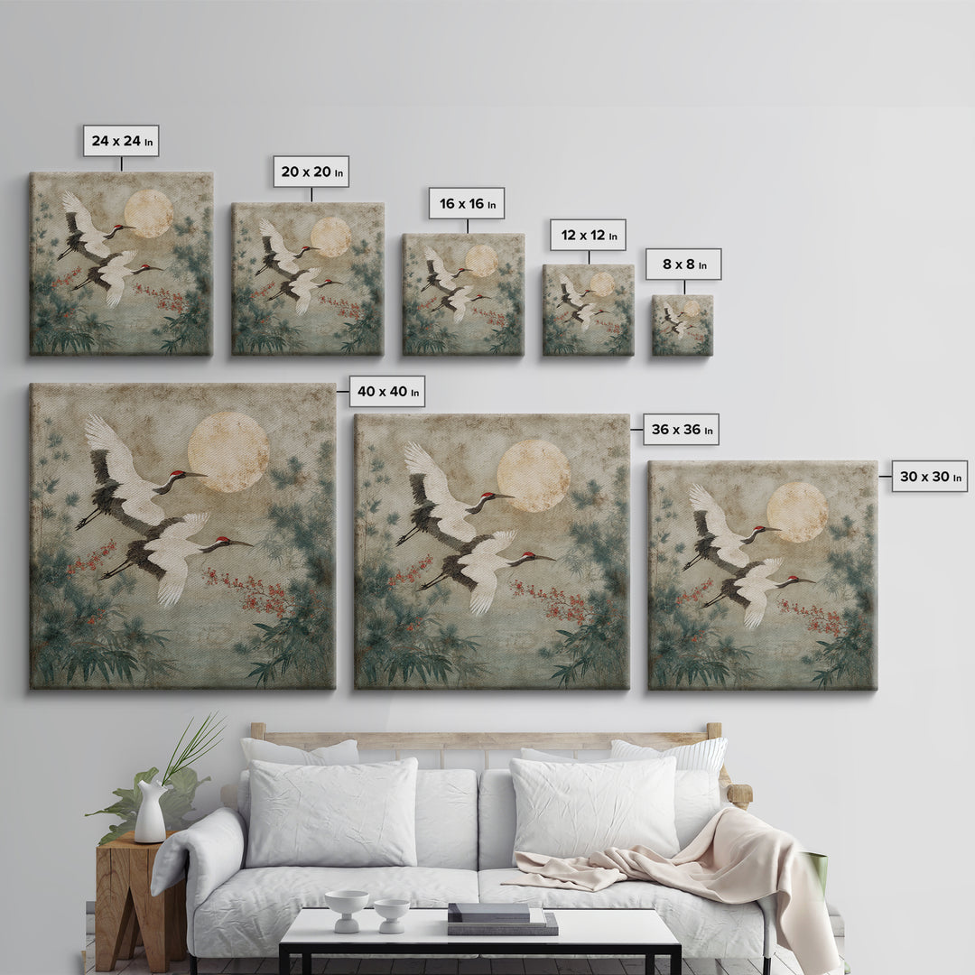 Red Crowned Cranes Flying Through Misty Pine Canvas Print, Asian Inspired Art, Wall Art, Living Room Decor, Oil Painting, ASI-1x1-97