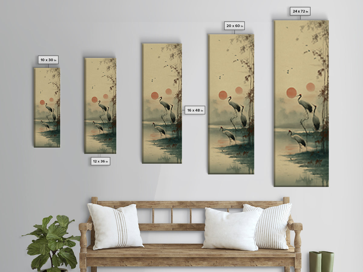 Crane and Moon Composition Canvas Print, Asian Inspired Art, Boho Decor, Living Room Decor, Oil Painting, Harmony, Digital Art, ASI-1x3-12