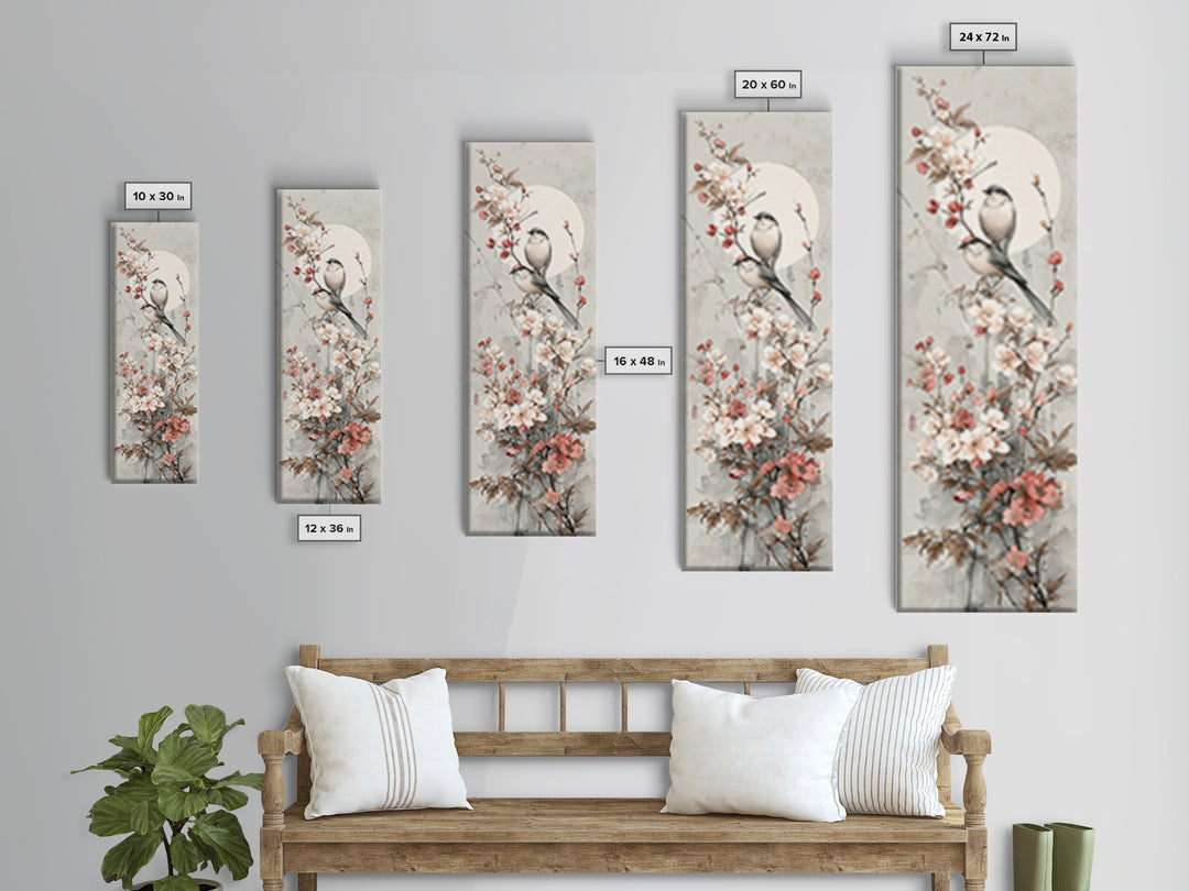 Fan Shaped Composition of Blossoms and Birds Canvas Print, Asian Inspired Art, Modern Wall Decor, Living Room Decor, Harmony, ASI-1x3-5