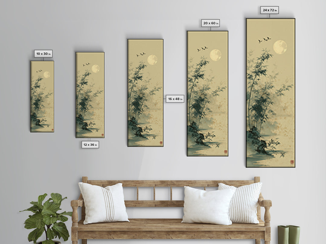 Crane and Moon Composition Canvas Print, Asian Inspired Art, Living Room Decor, Abstract Art, Harmony, Farmhouse Wall Art, ASI-1x3-60