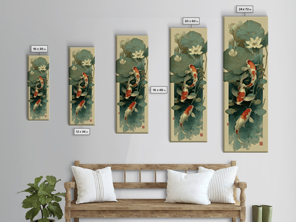 Koi Fish Circling Beneath Floating Lotus Blossoms Canvas Print, Asian Inspired Art, Luxury Decor, Living Room Decor, Harmony, ASI-1x3-86
