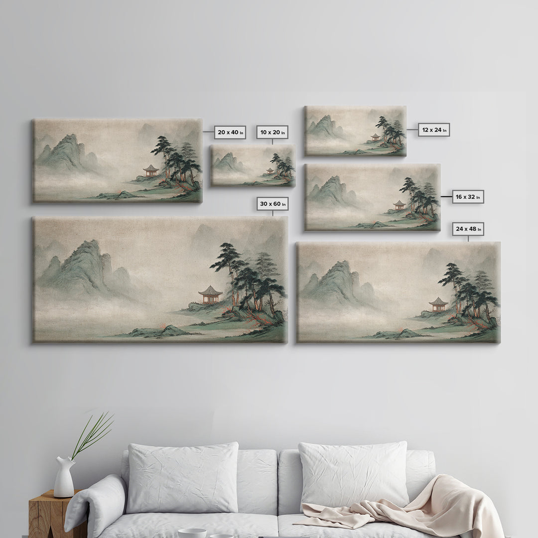 Chinese Mountain Scroll Landscape Framed Canvas Print, Asian Inspired Art, Floral Art, Living Room Decor, Oil Painting, Harmony, ASI-2x1-100