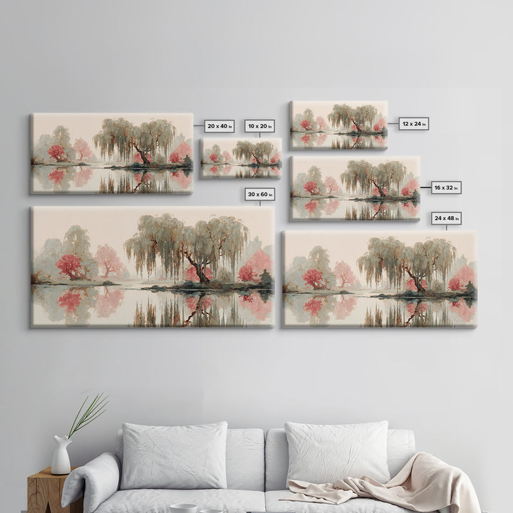 Willow Tree over a Reflective Pond Framed Canvas Print, Asian Inspired Art, Fine Art Print, Living Room Decor, Watercolor Art, ASI-2x1-14
