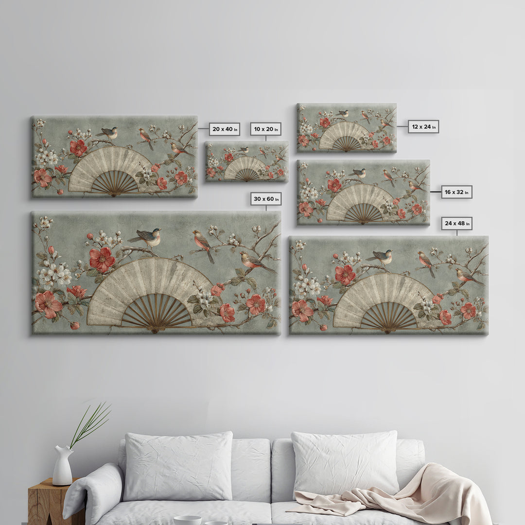 Fan Shaped Composition of Blossoms and Birds Canvas Print, Asian Inspired Art, Minimalist Decor, Living Room Decor, Harmony, ASI-2x1-37