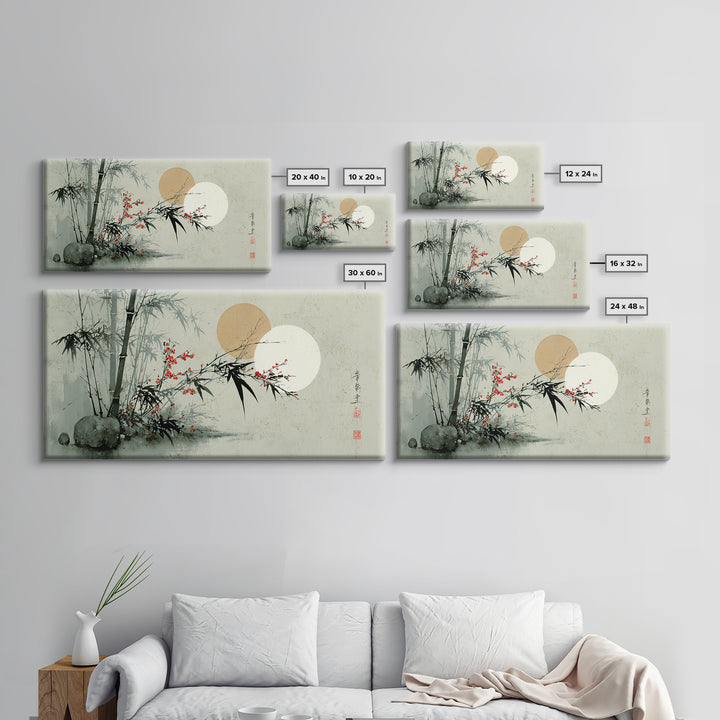 Golden Moon Behind Bamboo Silhouettes Canvas Print, Asian Inspired Art, Art Nouveau, Living Room Decor, Fine Art, Harmony, ASI-2x1-49