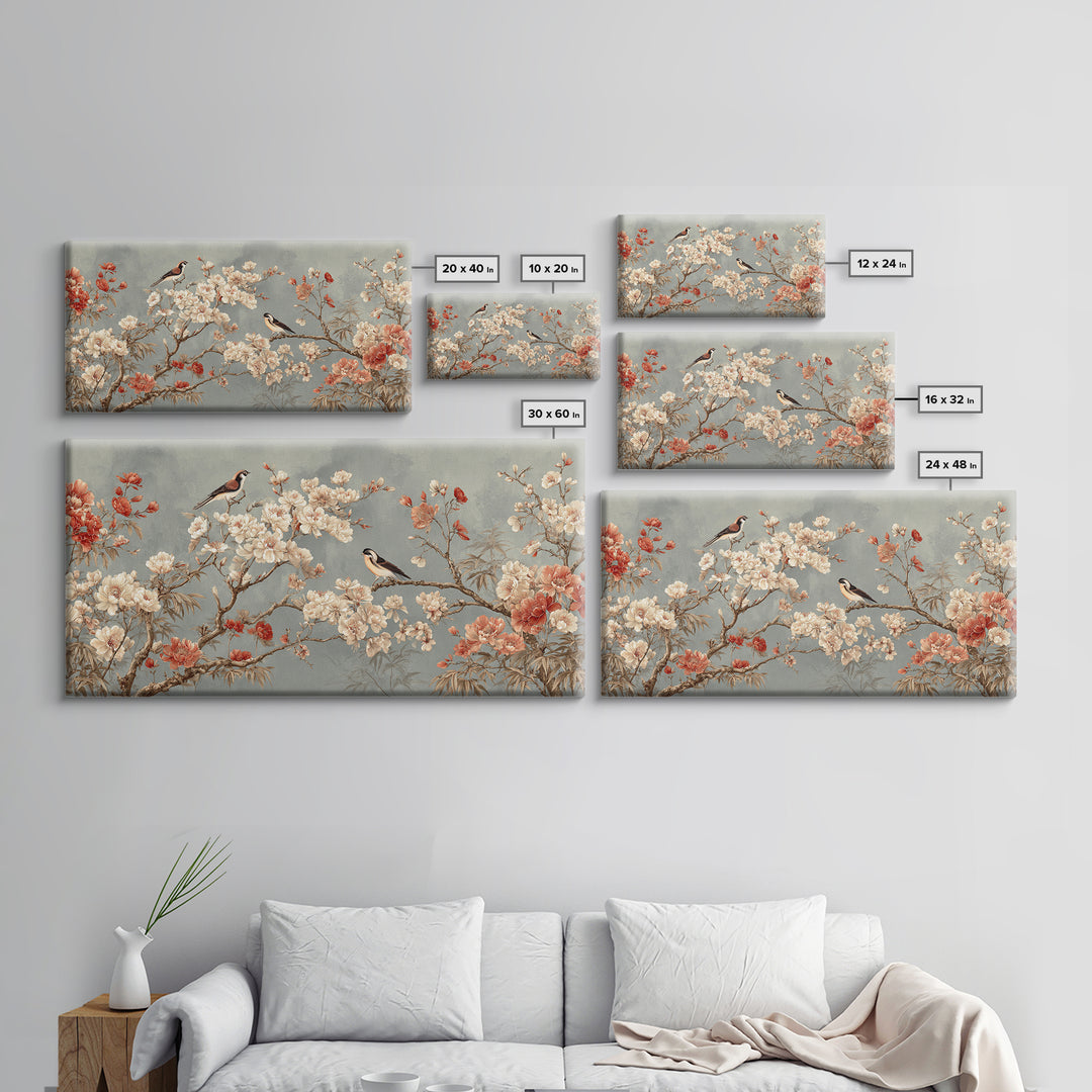 Fan Shaped Composition of Blossoms and Birds Canvas Print, Asian Inspired Art, Digital Art, Living Room Decor, Abstract Art, ASI-2x1-61