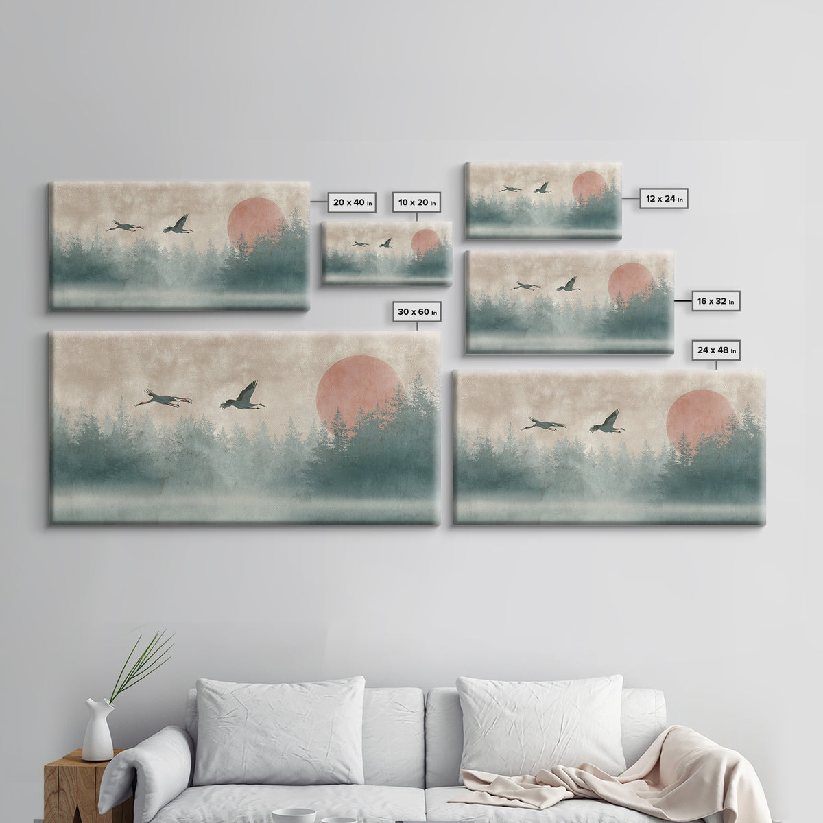 Crane and Moon Composition Canvas Print, Asian Inspired Art, Printable Art, Living Room Decor, Watercolor Art, Harmony, ASI-2x1-68