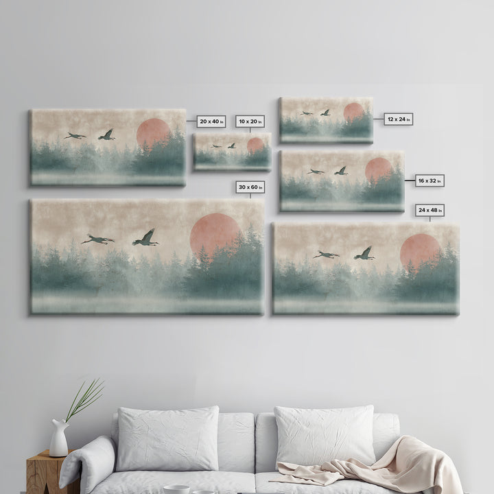 Crane and Moon Composition Canvas Print, Asian Inspired Art, Printable Art, Living Room Decor, Watercolor Art, Harmony, ASI-2x1-68