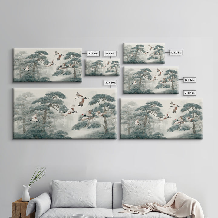 Red Crowned Cranes Flying Through Misty Pine Canvas Print, Asian Inspired Art, Japanese Art, Living Room Decor, Harmony, ASI-2x1-69