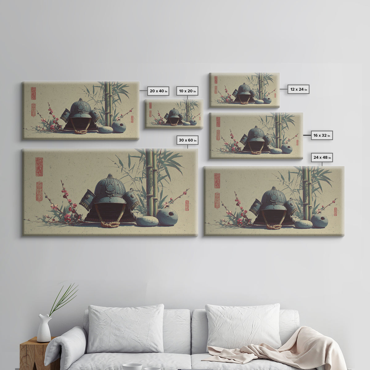 Samurai Helmet Still Life Framed Canvas Print, Asian Inspired Art, Boho Decor, Living Room Decor, Harmony, Digital Art, ASI-2x1-75
