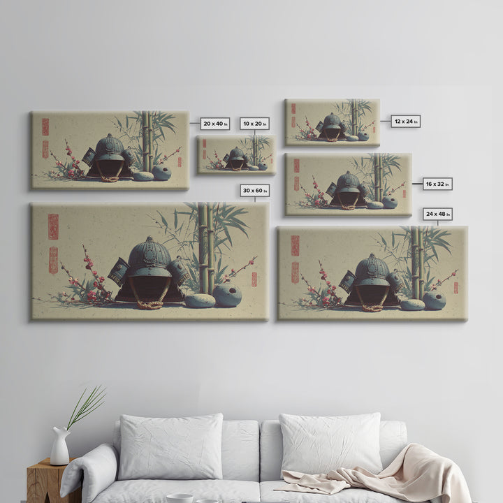 Samurai Helmet Still Life Framed Canvas Print, Asian Inspired Art, Boho Decor, Living Room Decor, Harmony, Digital Art, ASI-2x1-75