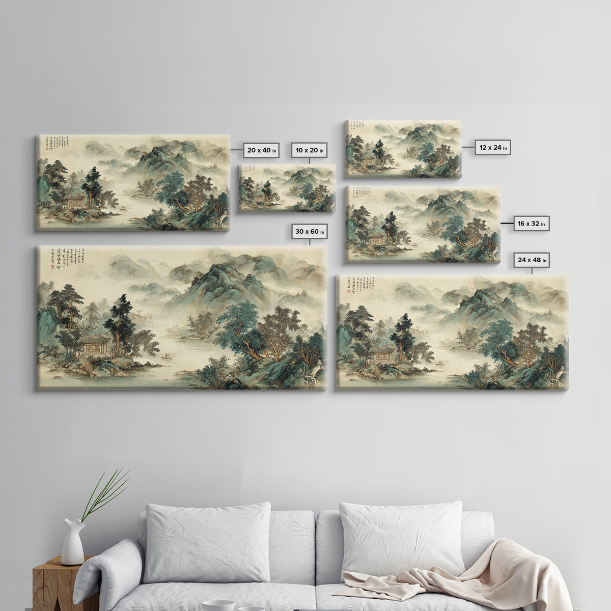 Chinese Mountain Scroll Landscape Canvas Print, Asian Inspired Art, Farmhouse Wall Art, Living Room Decor, Fine Art, Harmony, ASI-2x1-76