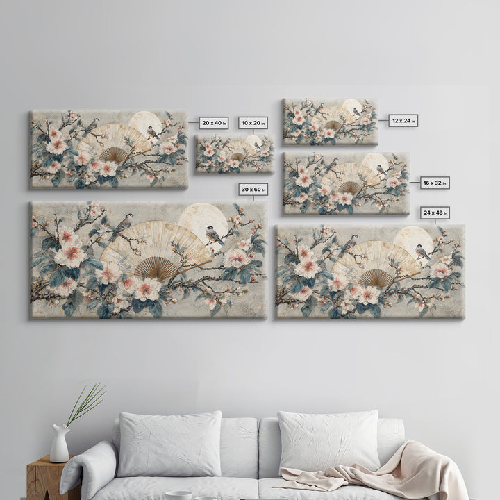Fan Shaped Composition of Blossoms and Birds Canvas Print, Asian Inspired Art, Unique Wall Art, Living Room Decor, Harmony, ASI-2x1-85