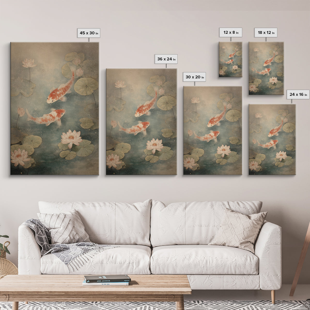 Koi Fish Circling Beneath Floating Lotus Blossoms Canvas Print, Asian Inspired Art, Luxury Decor, Living Room Decor, Harmony, ASI-2x3-10