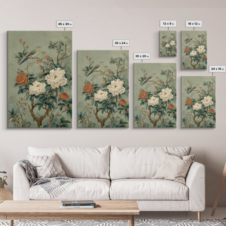 Fan Shaped Composition of Blossoms and Birds Framed Canvas Print, Asian Inspired Art, Wall Art, Living Room Decor, Harmony, ASI-2x3-25