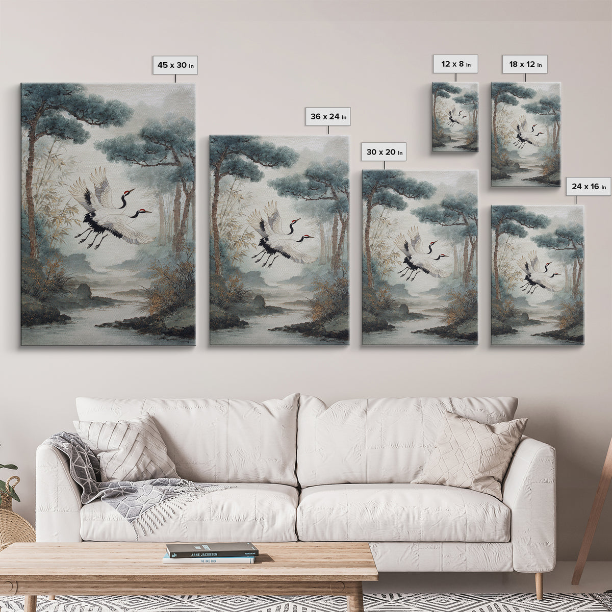 Red Crowned Cranes Flying Through Misty Pine Canvas Print, Asian Inspired Art, Printable Art, Living Room Decor, Harmony, ASI-2x3-33