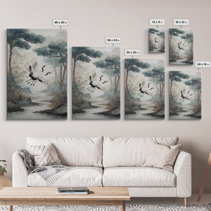 Red Crowned Cranes Flying Through Misty Pine Canvas Print, Asian Inspired Art, Printable Art, Living Room Decor, Harmony, ASI-2x3-33