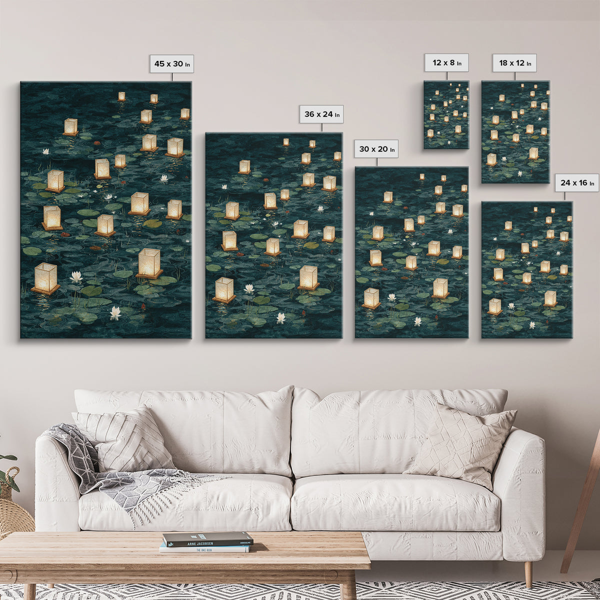 Floating Lanterns over Dark Water with Gentle Canvas Print, Asian Inspired Art, Room Decor, Living Room Decor, Harmony, ASI-2x3-51