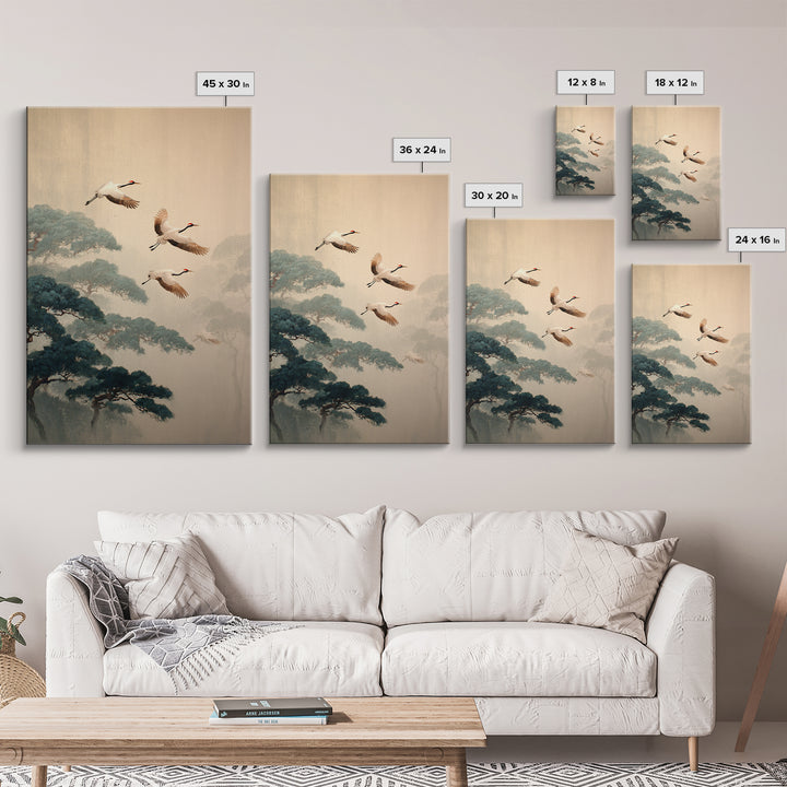 Red Crowned Cranes Flying Through Misty Pine Canvas Print, Asian Inspired Art, Bedroom Wall Decor, Living Room Decor, Harmony, ASI-2x3-57