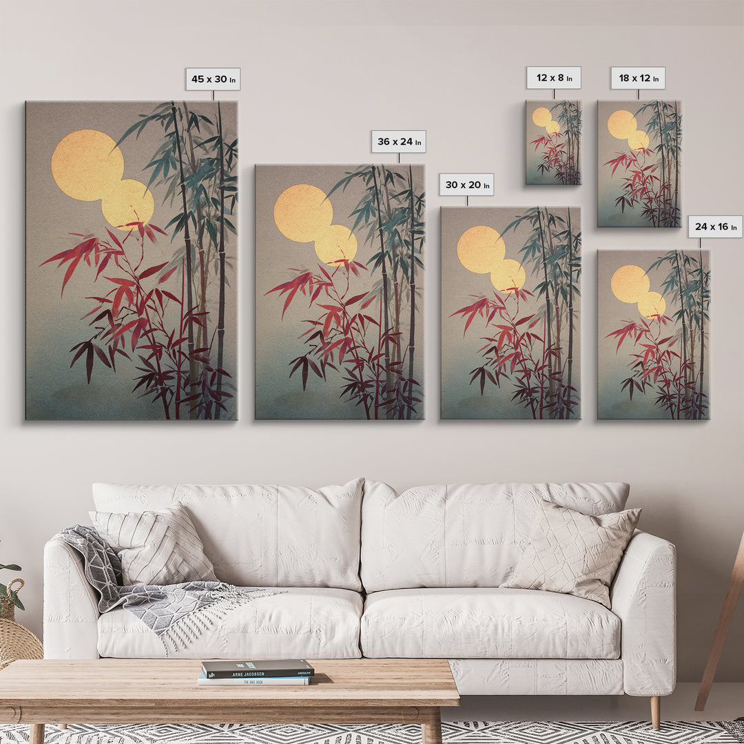Golden Moon Behind Bamboo Silhouettes Framed Canvas Print, Asian Inspired Art, Japandi Wall Art, Living Room Decor, Harmony, ASI-2x3-85