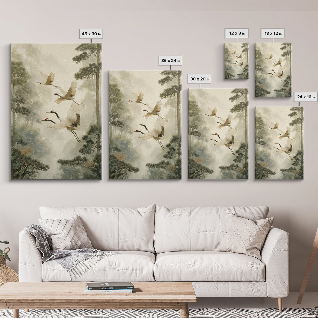 Red Crowned Cranes Flying Through Misty Pine Canvas Print, Asian Inspired Art, Poster, Living Room Decor, Fine Art, Harmony, ASI-2x3-9