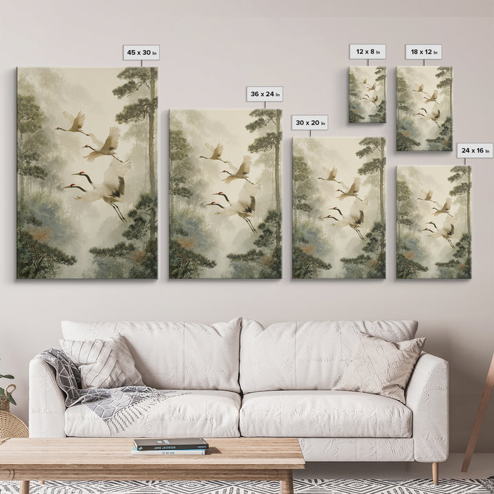 Red Crowned Cranes Flying Through Misty Pine Canvas Print, Asian Inspired Art, Poster, Living Room Decor, Fine Art, Harmony, ASI-2x3-9