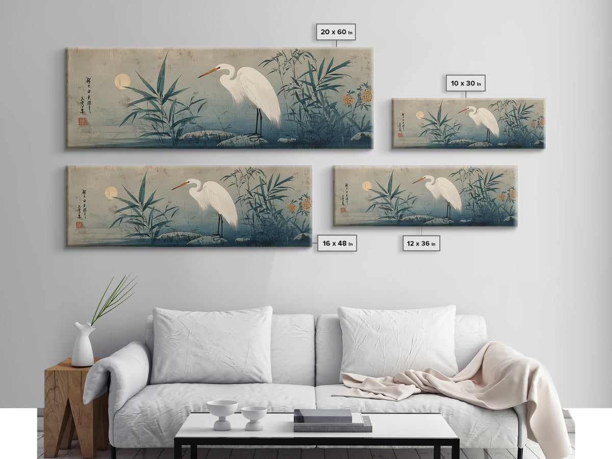 White Heron Standing Framed Canvas Print, Asian Inspired Art, Bedroom Wall Decor, Living Room Decor, Fine Art, Harmony, ASI-3x1-1