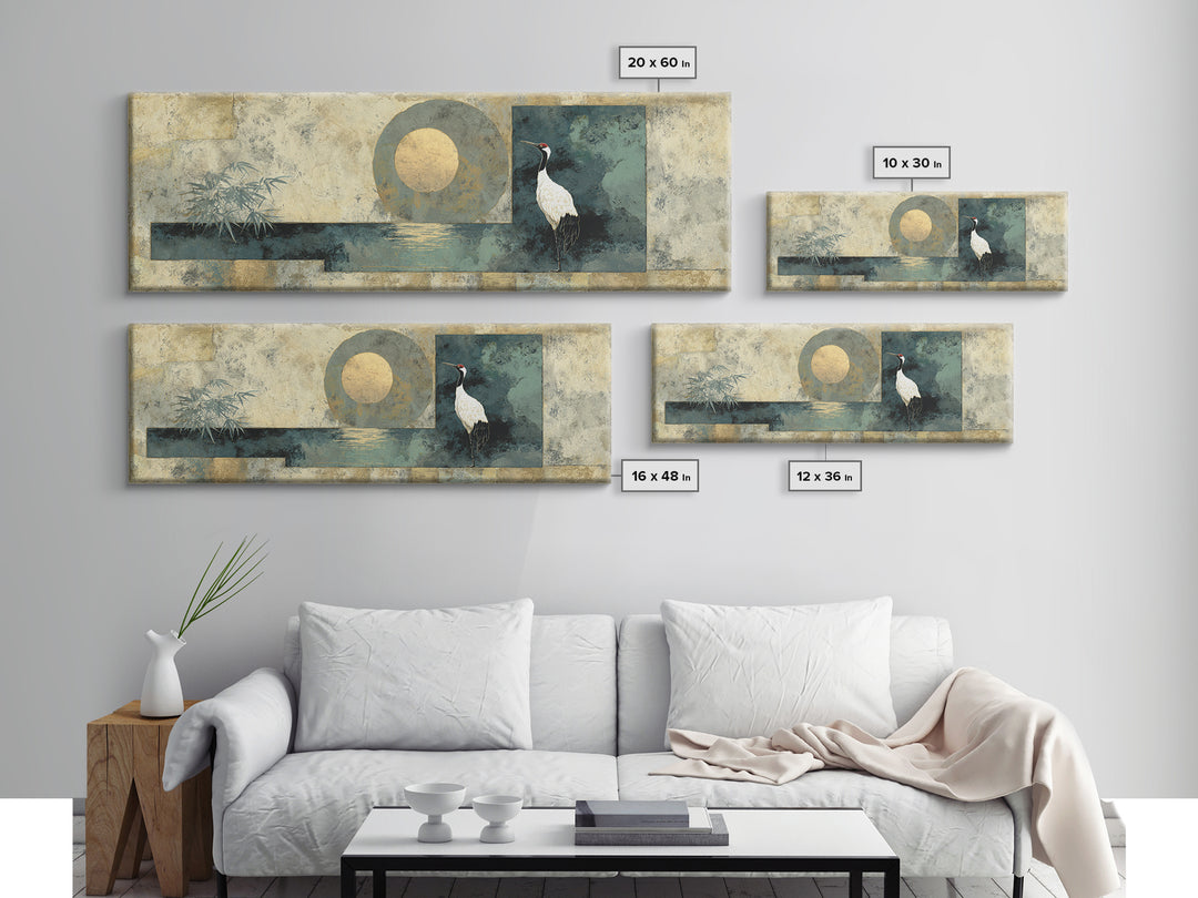 Crane and Moon Composition Canvas Print, Asian Inspired Art, Indian Art, Living Room Decor, Fine Art, Harmony, Neutral Decor, ASI-3x1-16