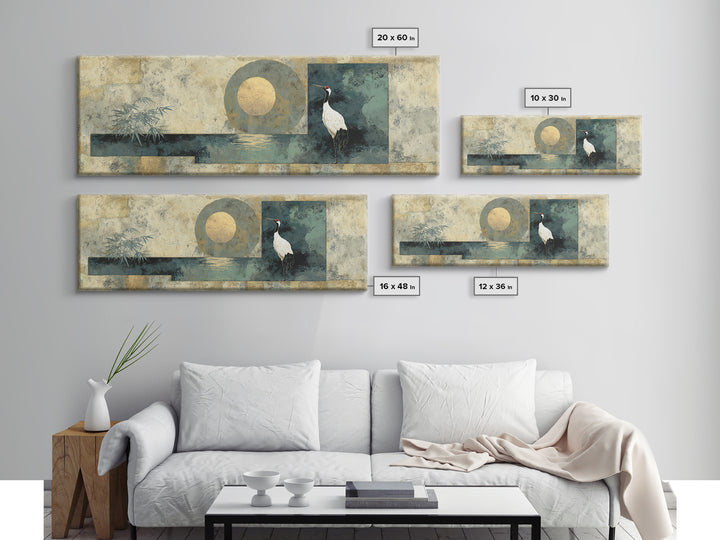 Crane and Moon Composition Canvas Print, Asian Inspired Art, Indian Art, Living Room Decor, Fine Art, Harmony, Neutral Decor, ASI-3x1-16