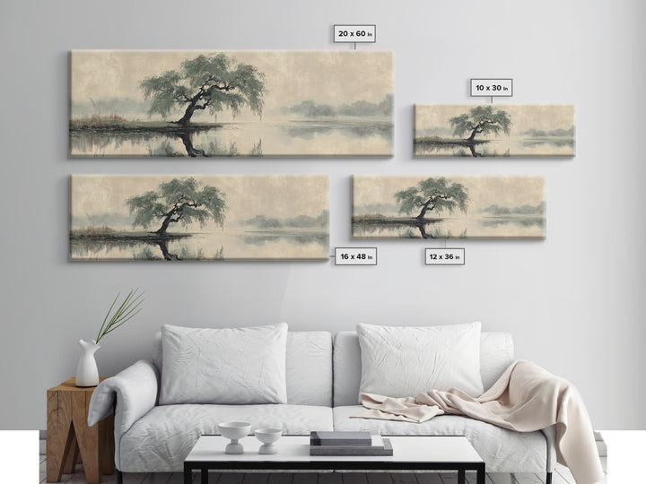 Willow Tree over a Reflective Pond Canvas Print, Asian Inspired Art, Art Nouveau, Living Room Decor, Abstract Art, Harmony, ASI-3x1-34