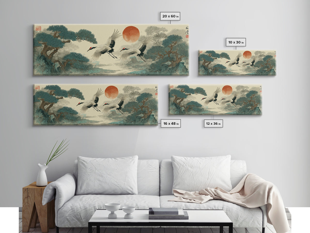 Red Crowned Cranes Flying Through Misty Pine Canvas Print, Asian Inspired Art, Aesthetic Wall Art, Living Room Decor, Harmony, ASI-3x1-41