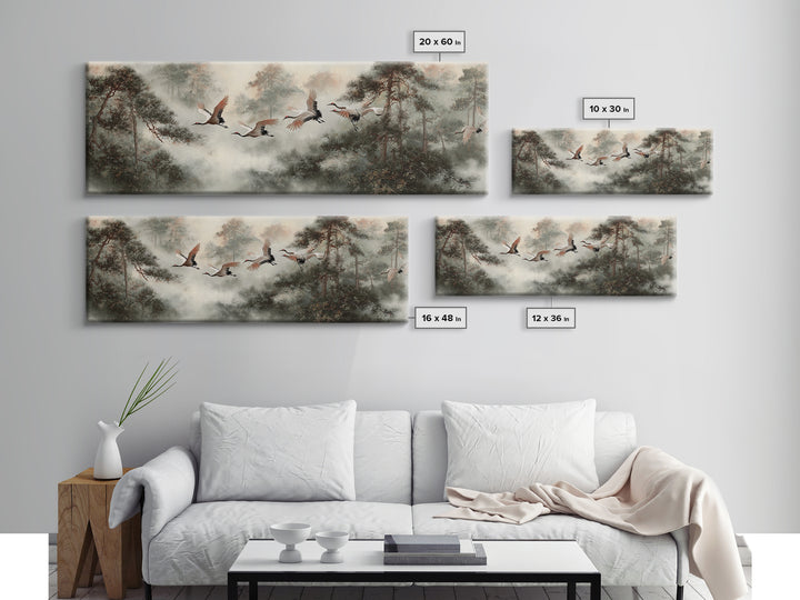 Red Crowned Cranes Flying Through Misty Pine Canvas Print, Asian Inspired Art, Aesthetic Wall Art, Living Room Decor, Harmony, ASI-3x1-65