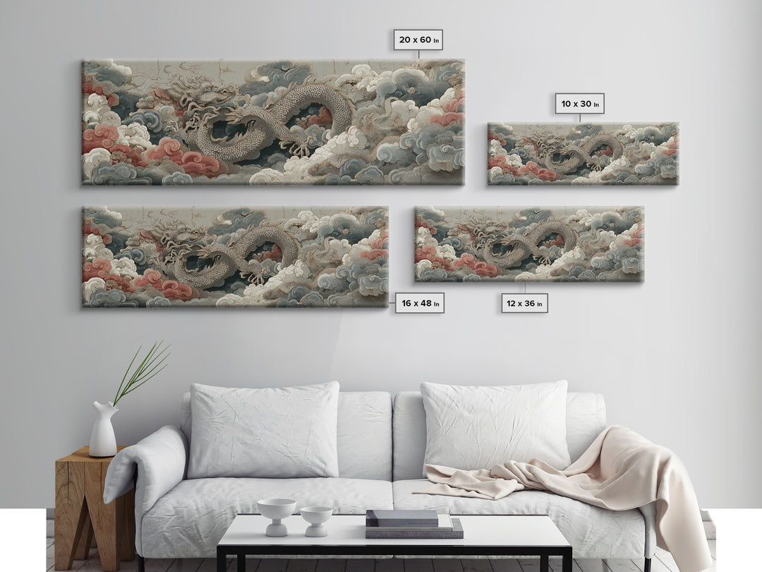 Dragon Curling Through Clouds Framed Canvas Print, Asian Inspired Art, Neutral Wall Art, Living Room Decor, Fine Art, Harmony, ASI-3x1-77