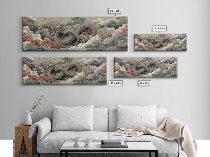 Dragon Curling Through Clouds Framed Canvas Print, Asian Inspired Art, Neutral Wall Art, Living Room Decor, Fine Art, Harmony, ASI-3x1-77