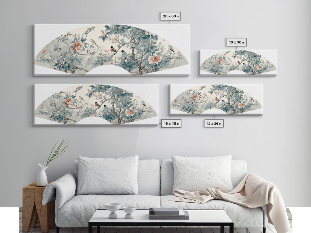 Fan Shaped Composition of Blossoms and Birds Canvas Print, Asian Inspired Art, Floral Art, Living Room Decor, Harmony, ASI-3x1-81