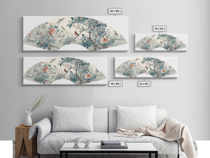 Fan Shaped Composition of Blossoms and Birds Canvas Print, Asian Inspired Art, Floral Art, Living Room Decor, Harmony, ASI-3x1-81