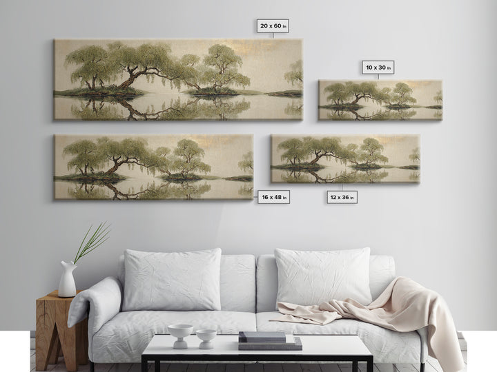 Willow Tree over a Reflective Pond Framed Canvas Print, Asian Inspired Art, Bird Art, Living Room Decor, Fine Art, Harmony, ASI-3x1-82