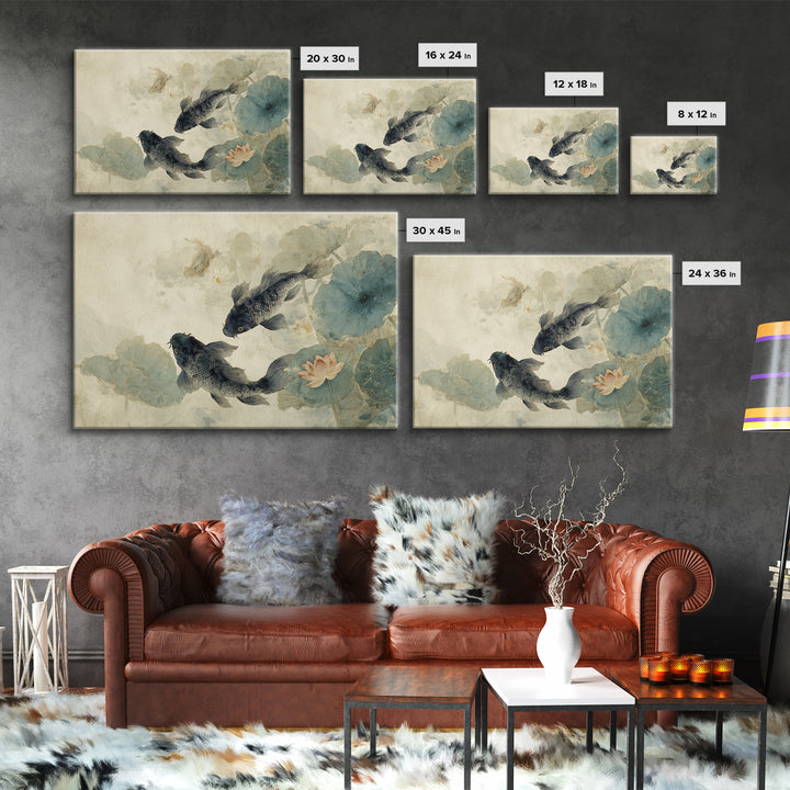 Koi Fish Circling Beneath Floating Lotus Blossoms Canvas Print, Asian Inspired Art, Digital Download Art, Living Room Decor, ASI-3x2-30