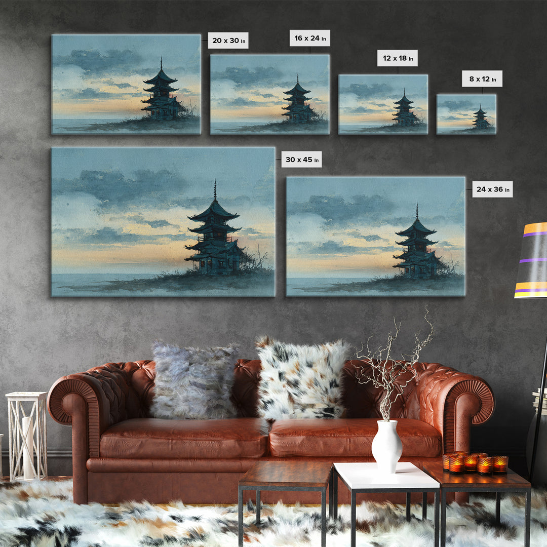 Pagoda Silhouette at Sunset Framed Canvas Print, Asian Inspired Art, Neutral Decor, Living Room Decor, Fine Art, Harmony, ASI-3x2-39