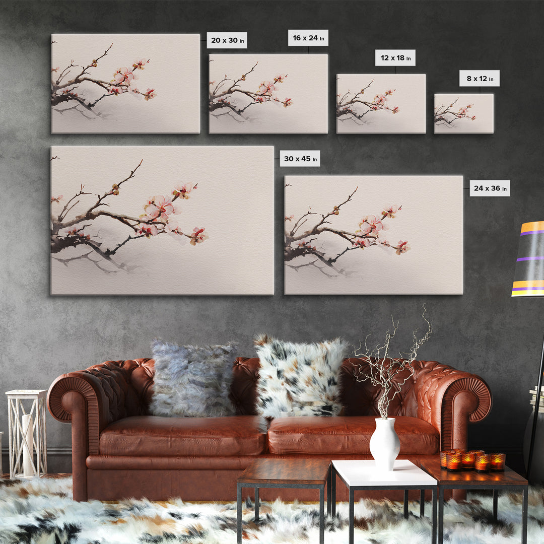 Plum Blossom Branch Painted Framed Canvas Print, Asian Inspired Art, Indian Art, Living Room Decor, Watercolor Art, Harmony, ASI-3x2-40