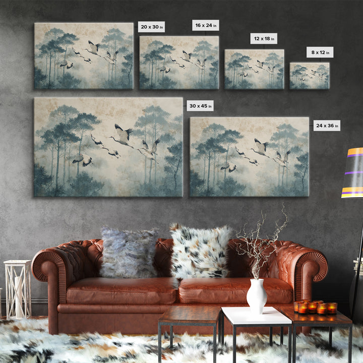 Red Crowned Cranes Flying Through Misty Pine Framed Canvas Print, Asian Inspired Art, Indian Art, Living Room Decor, Harmony, ASI-3x2-5