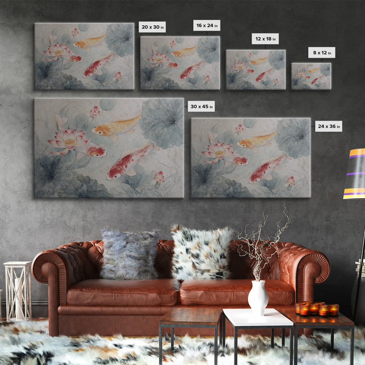 Koi Fish Circling Beneath Floating Lotus Blossoms Canvas Print, Asian Inspired Art, Digital Download Art, Living Room Decor, ASI-3x2-54