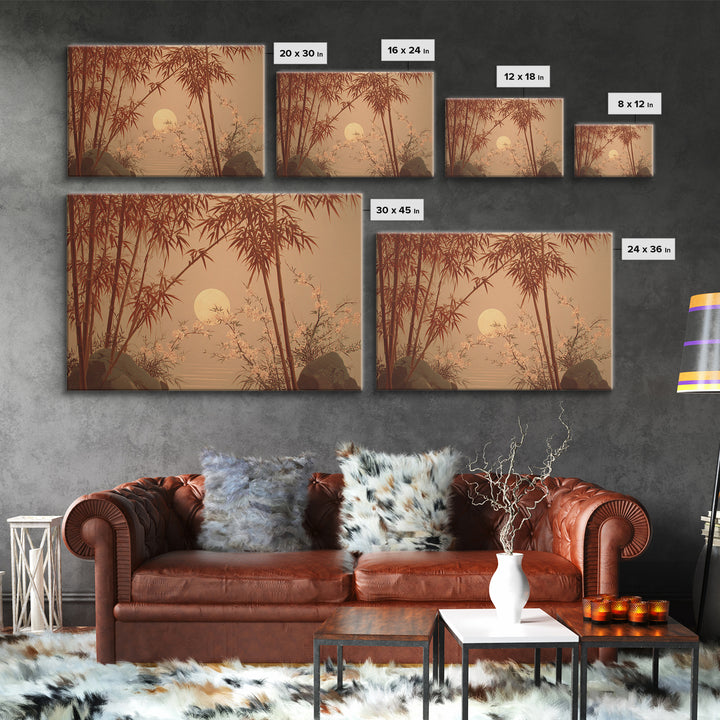 Golden Moon Behind Bamboo Silhouettes Framed Canvas Print, Asian Inspired Art, Zen Wall Art, Living Room Decor, Harmony, ASI-3x2-81