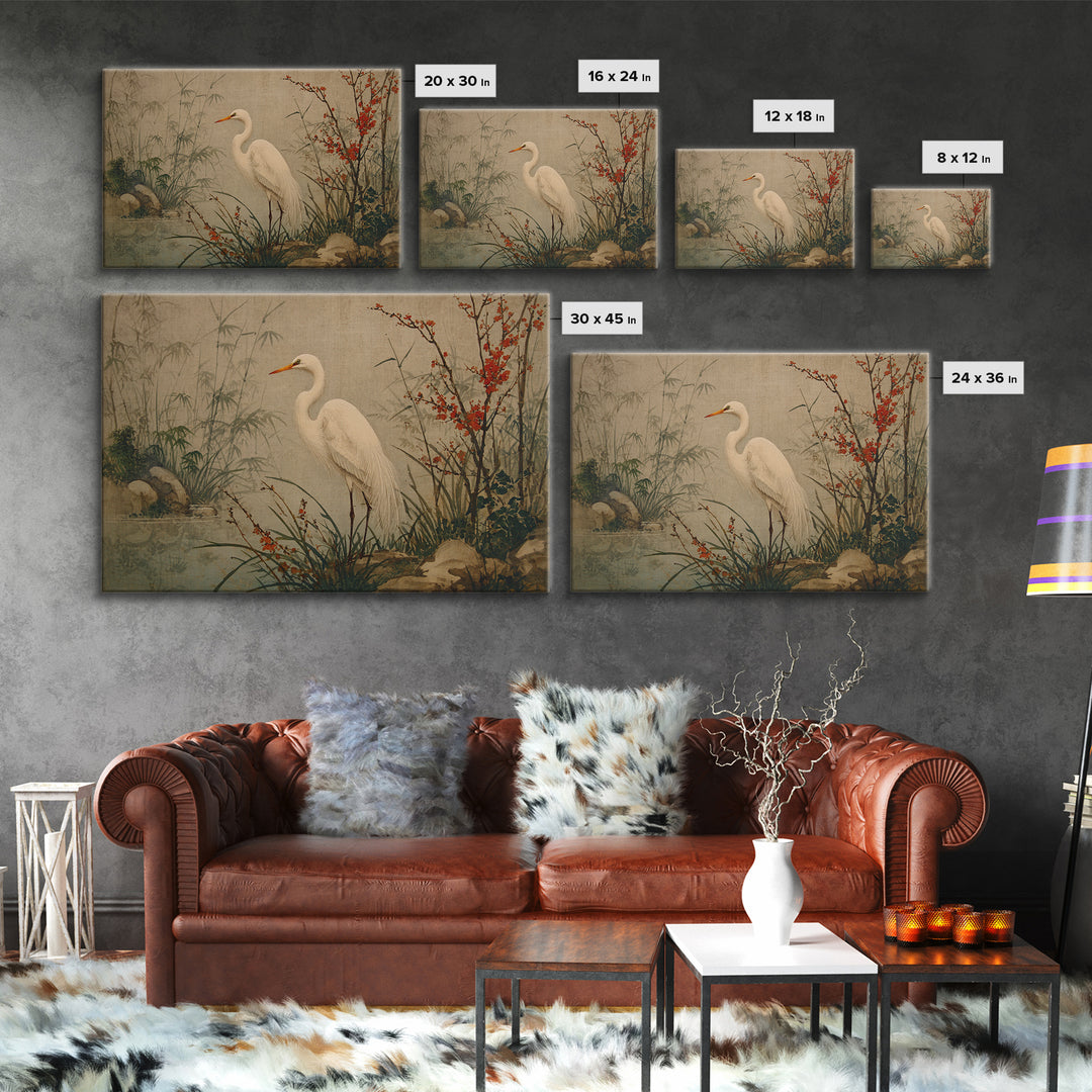 White Heron Standing Framed Canvas Print, Asian Inspired Art, Modern Wall Decor, Living Room Decor, Fine Art, Harmony, ASI-3x2-85