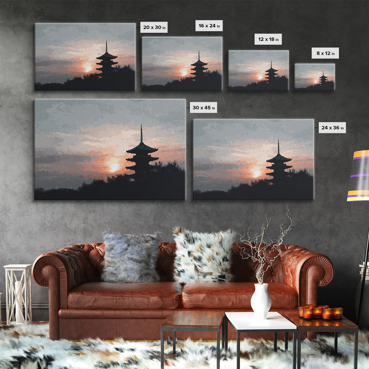 Pagoda Silhouette at Sunset Framed Canvas Print, Asian Inspired Art, Fine Art Print, Living Room Decor, Fine Art, Harmony, ASI-3x2-87