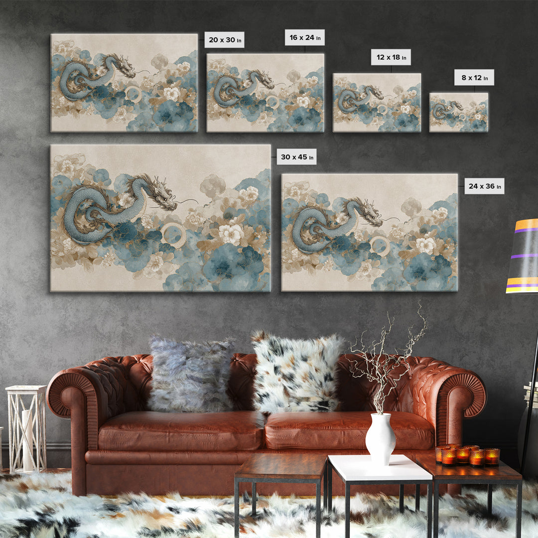 Dragon Curling Through Clouds Canvas Print, Asian Inspired Art, Spiritual Wall Art, Living Room Decor, Oil Painting, Harmony, ASI-3x2-89