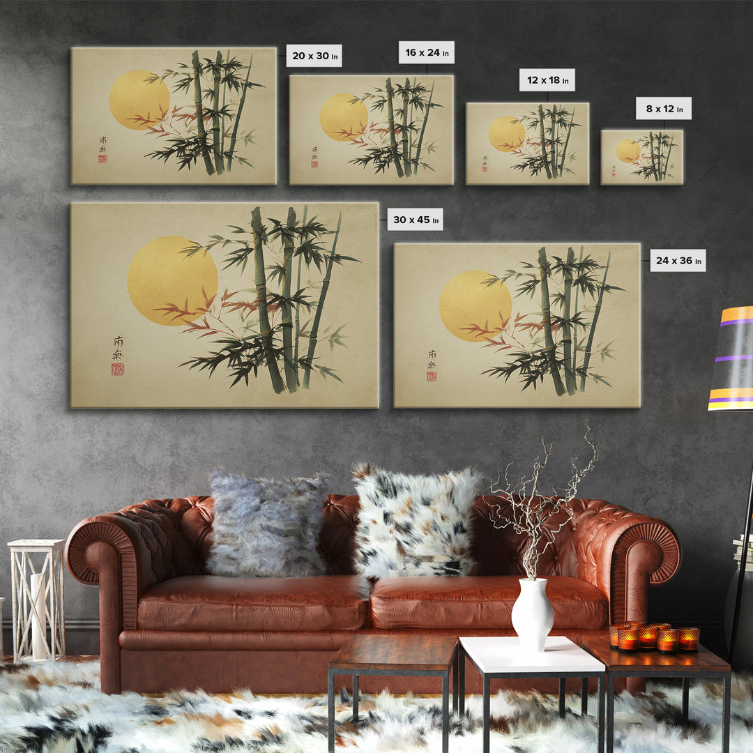 Golden Moon Behind Bamboo Silhouettes Framed Canvas Print, Asian Inspired Art, Japandi Wall Art, Living Room Decor, Harmony, ASI-3x2-9