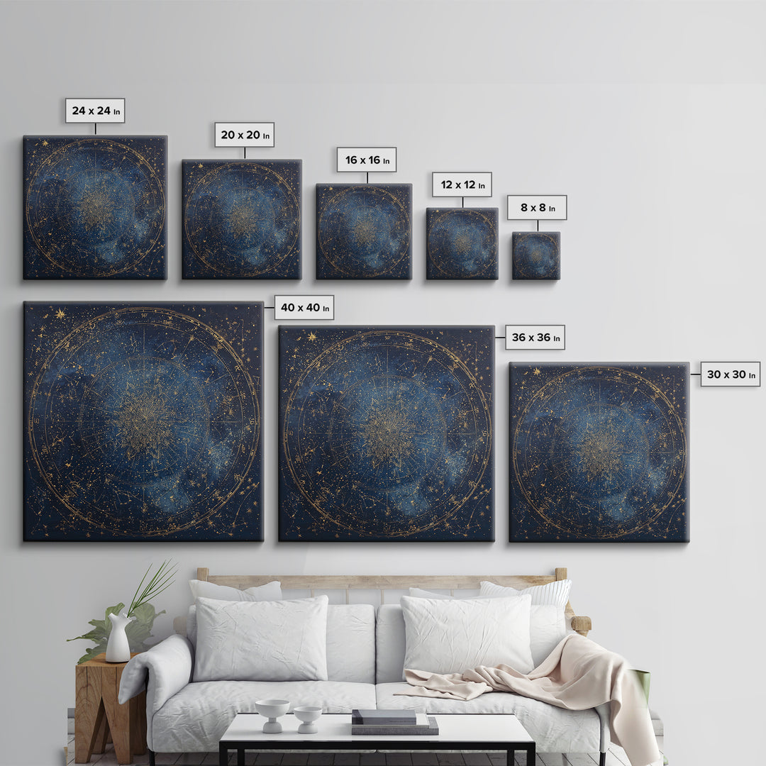 Gold Zodiac Wheel on Deep Midnight Blue Framed Canvas Print, Astrology Art, Neutral Decor, Living Room Decor, Fine Art, Zodiac, AST-1x1-1