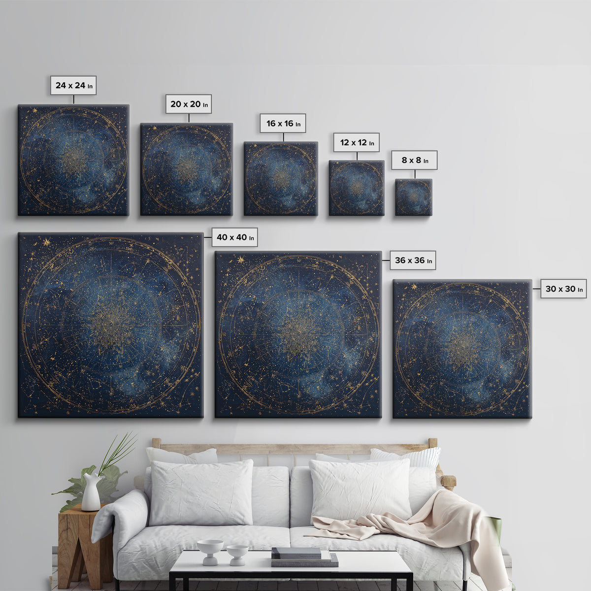 Gold Zodiac Wheel on Deep Midnight Blue Framed Canvas Print, Astrology Art, Neutral Decor, Living Room Decor, Fine Art, Zodiac, AST-1x1-1