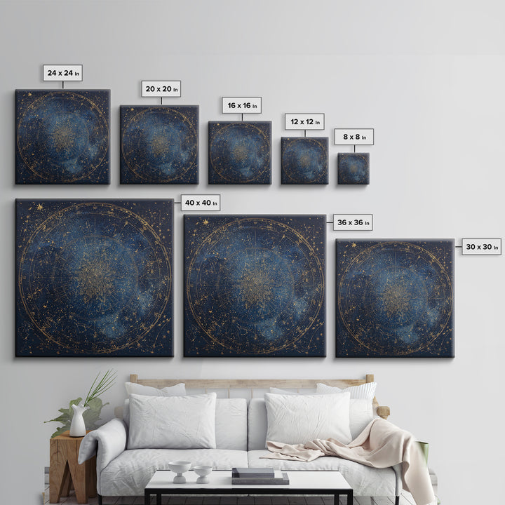 Gold Zodiac Wheel on Deep Midnight Blue Framed Canvas Print, Astrology Art, Neutral Decor, Living Room Decor, Fine Art, Zodiac, AST-1x1-1